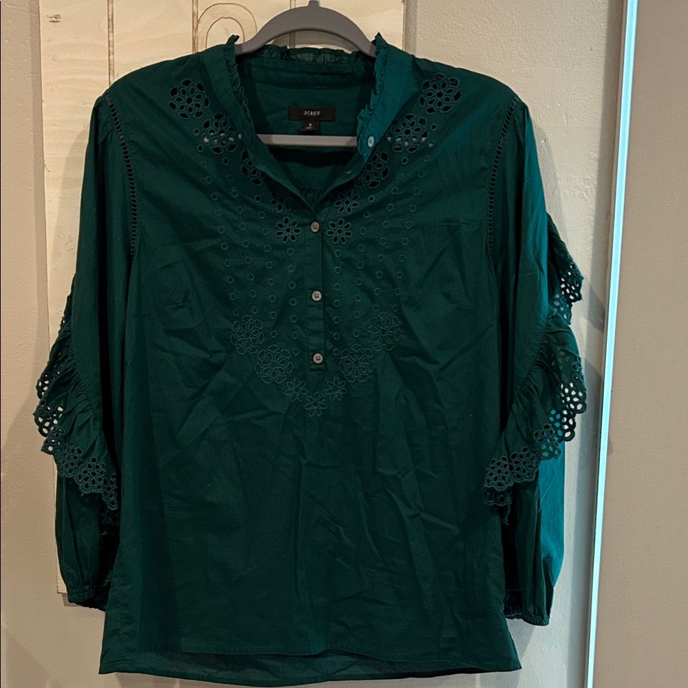 J. Crew Forest Green Eyelet Ruffle Blouse